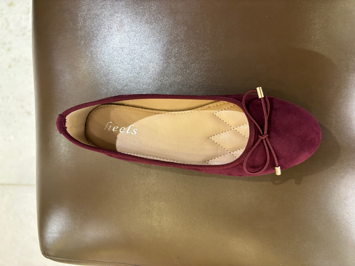 Charlette Cushioned Flat Knot Bow Suede Ballerinas in Maroon - The Heels India