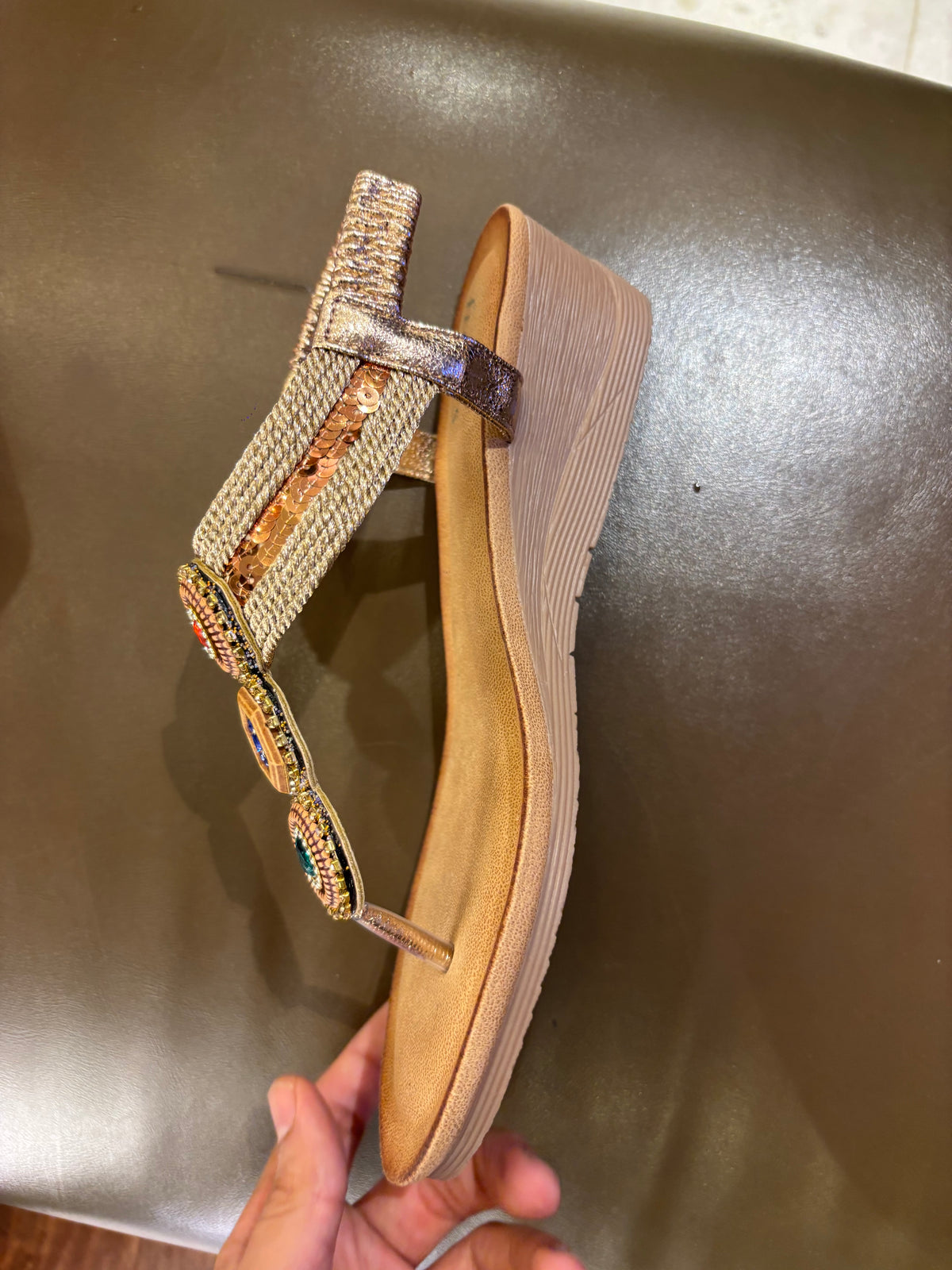 Cynthia Multy Beads Wedge Back Elastic Crochet Sandals in Champagne - The Heels India