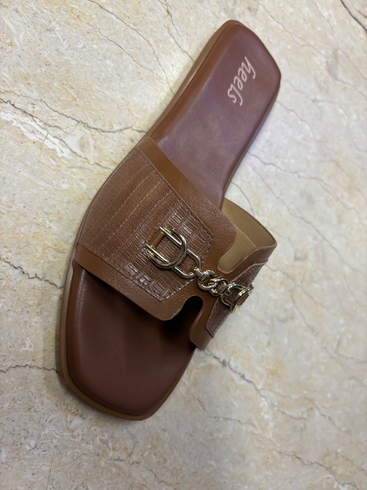Julia Croco Chain Flat Summer Sliders in Tan - The Heels India