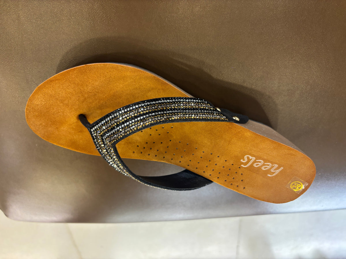 Chloe Bling V Strap Wedge Slippers in Black - The Heels India