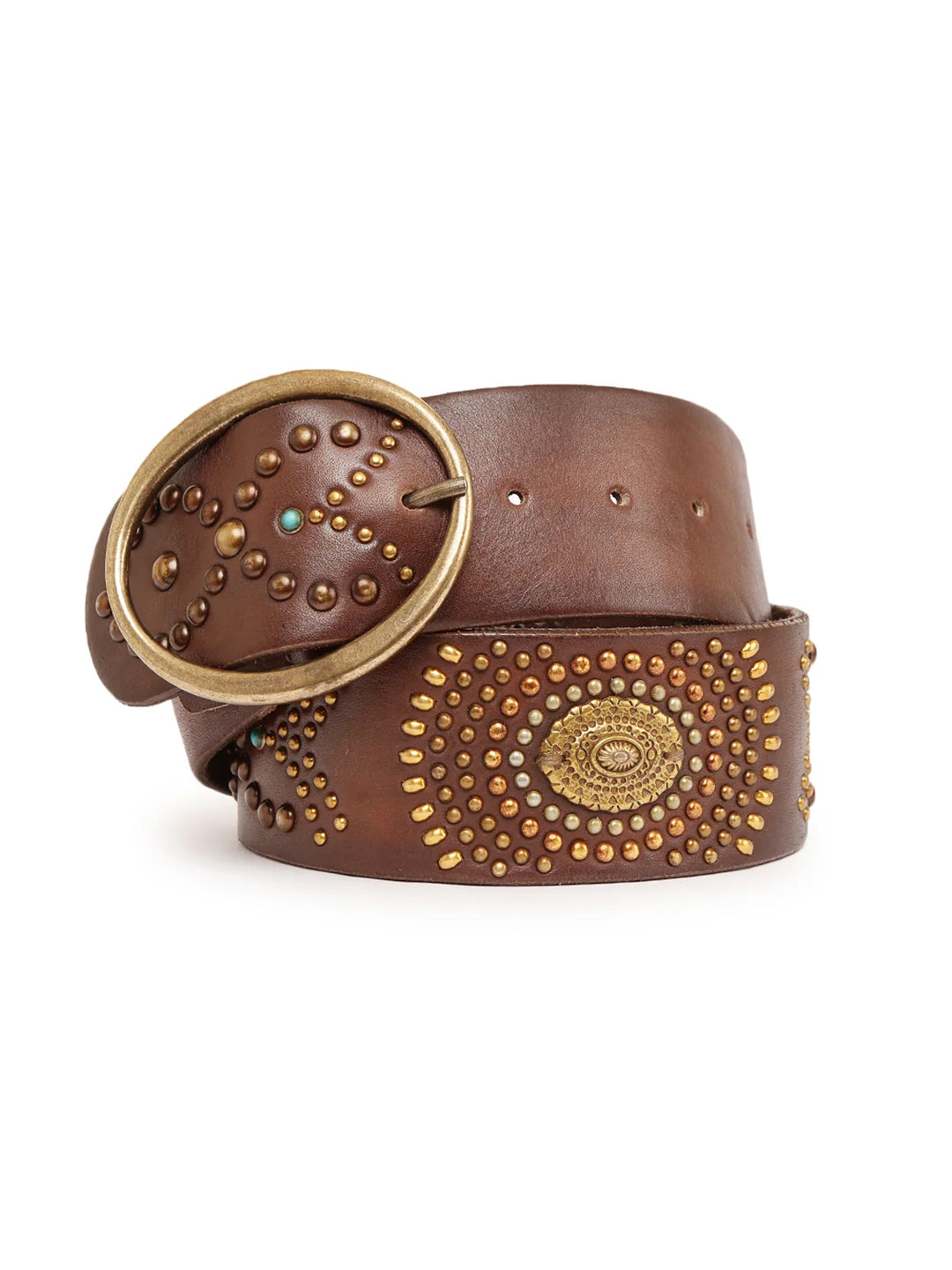 Brown Jewelled Wide Hip Belt in Leather