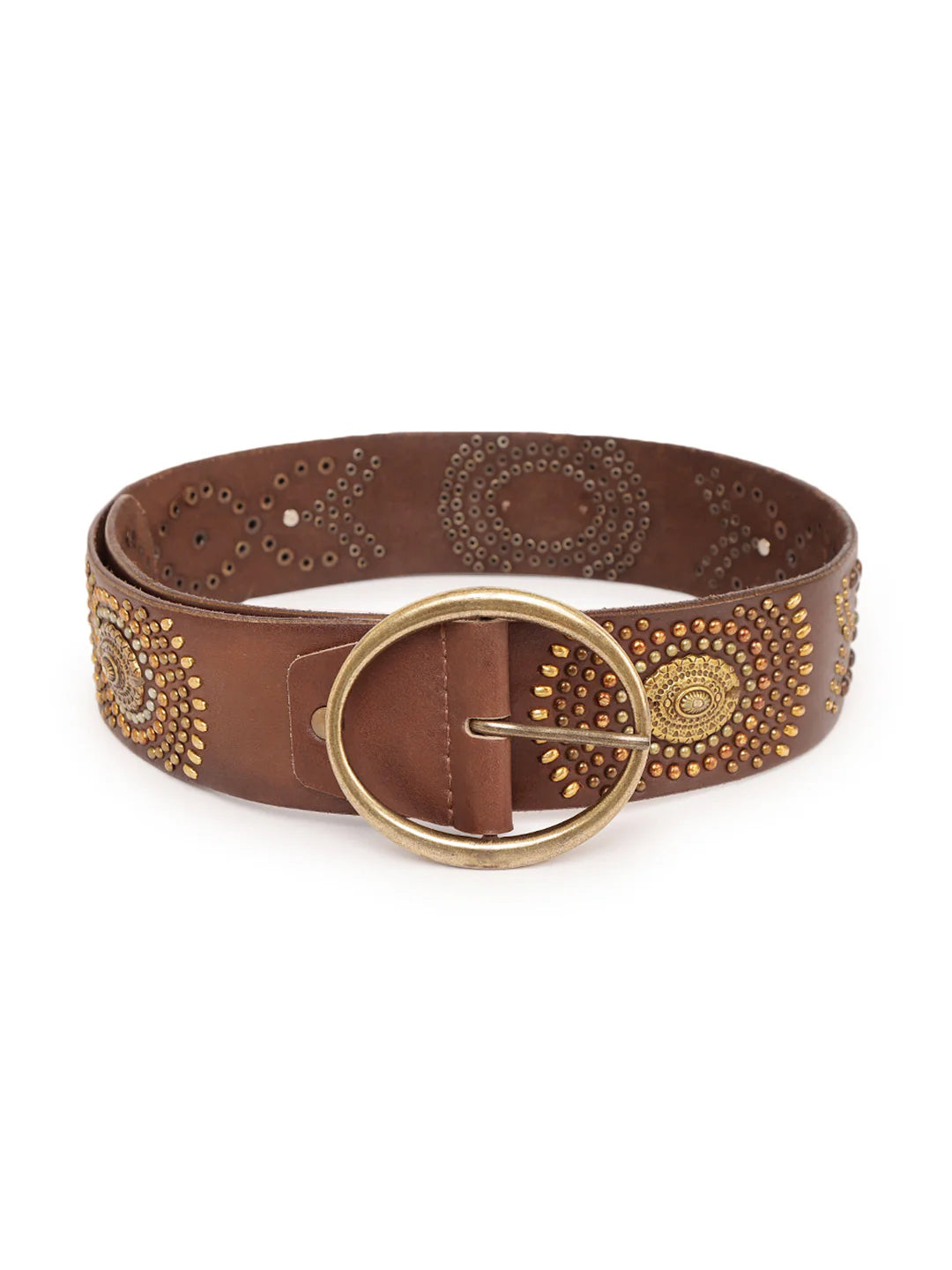 Brown Jewelled Wide Hip Belt in Leather