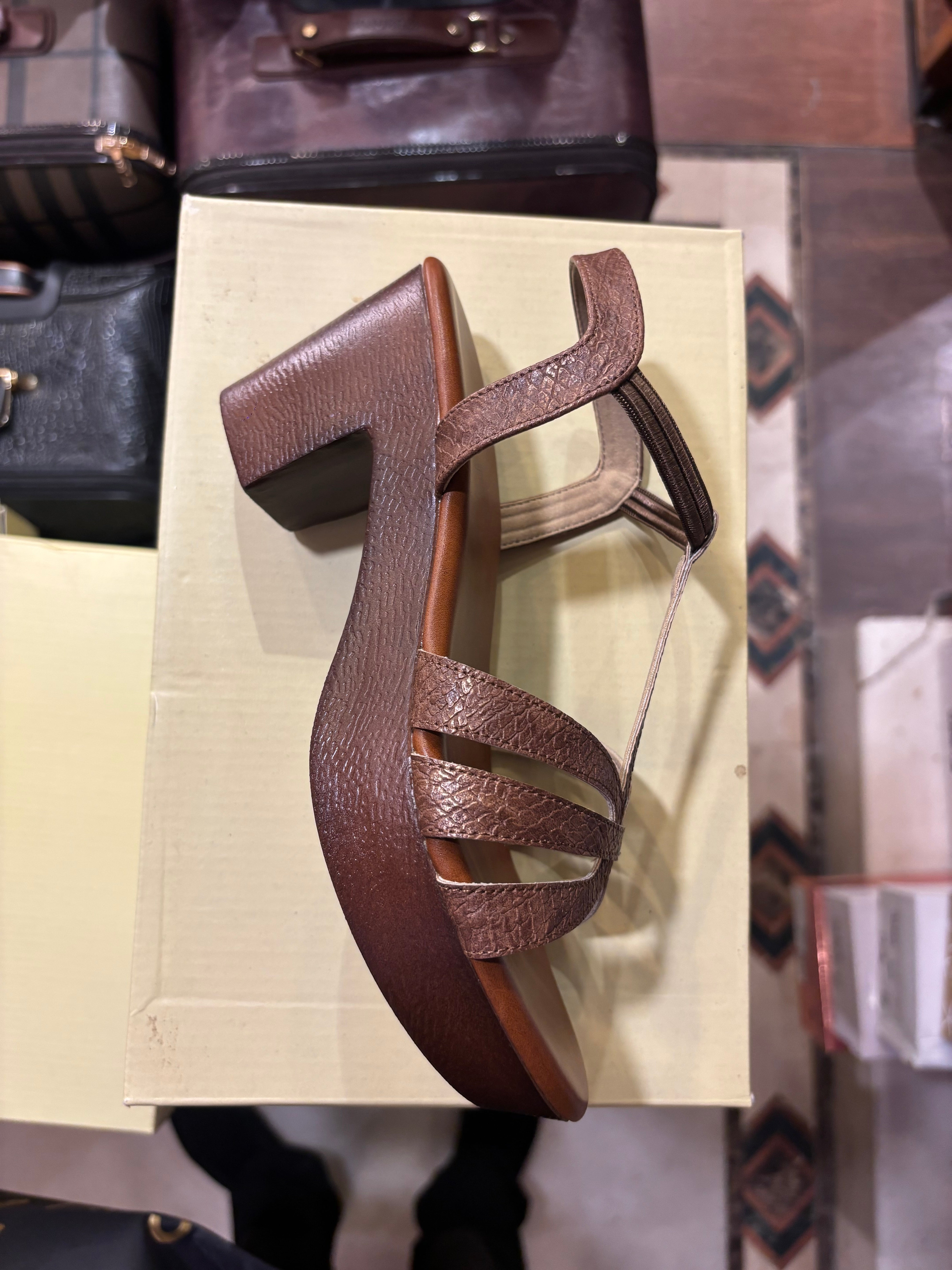 Snake Texture T-Strap Platform Block Heel Sandal – Brown