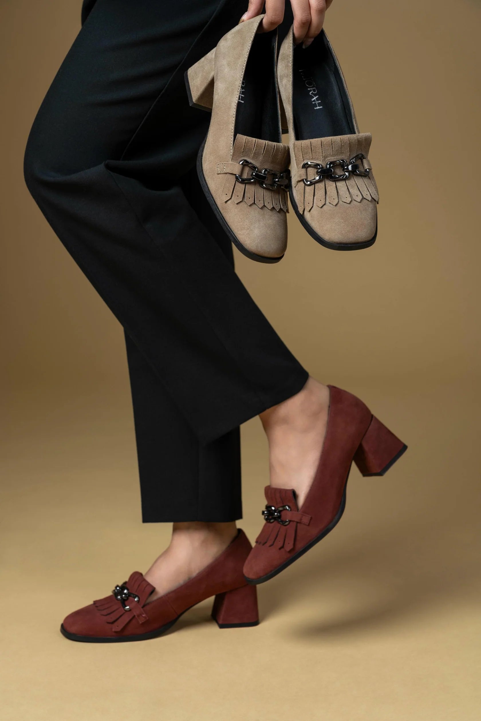 LUXE Premium Suede Leather Block Heel Fringe Loafers - The Heels India