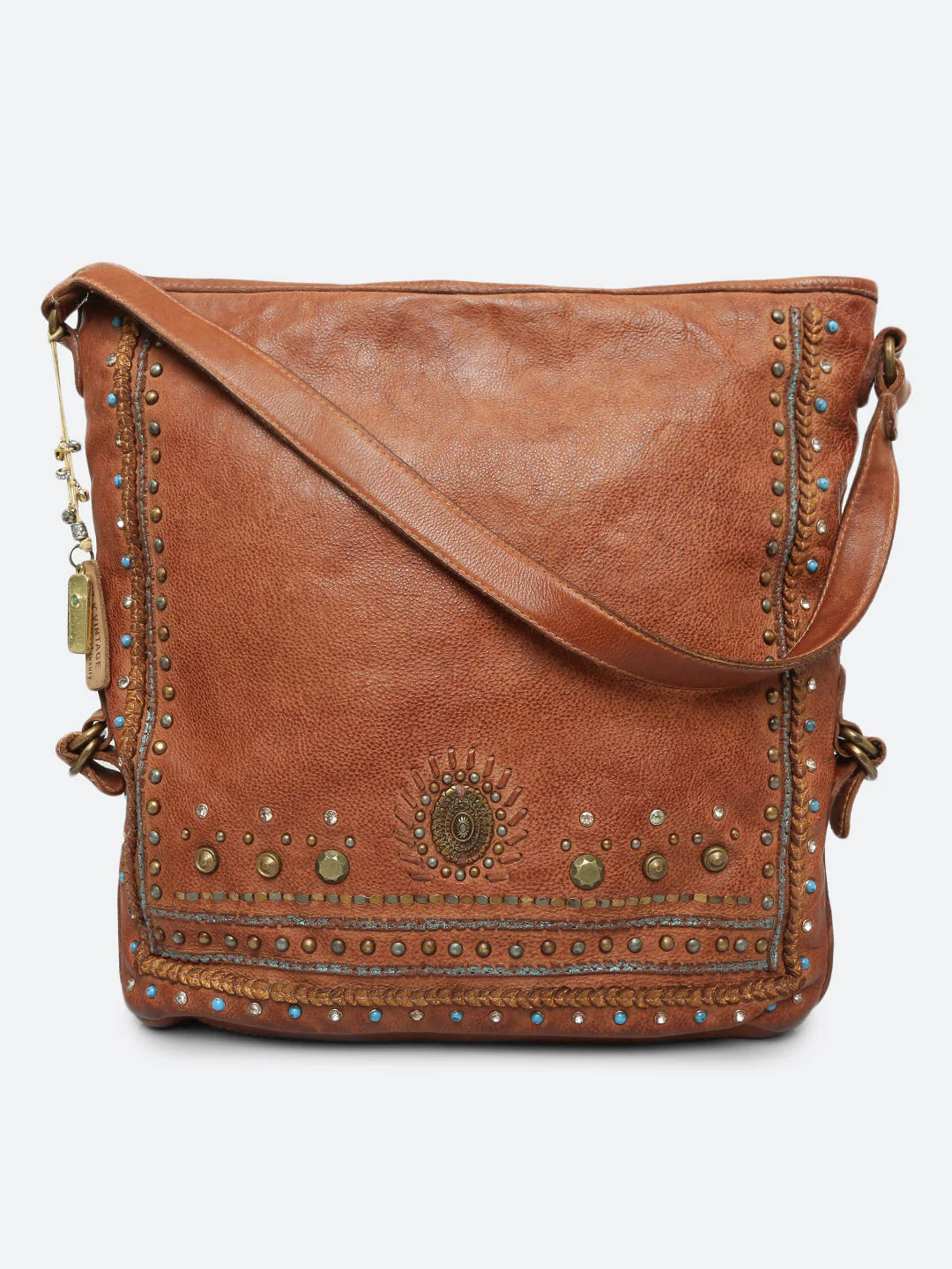 Savio: Cognac Embellished Hobo Bag In Veg Tan Leather