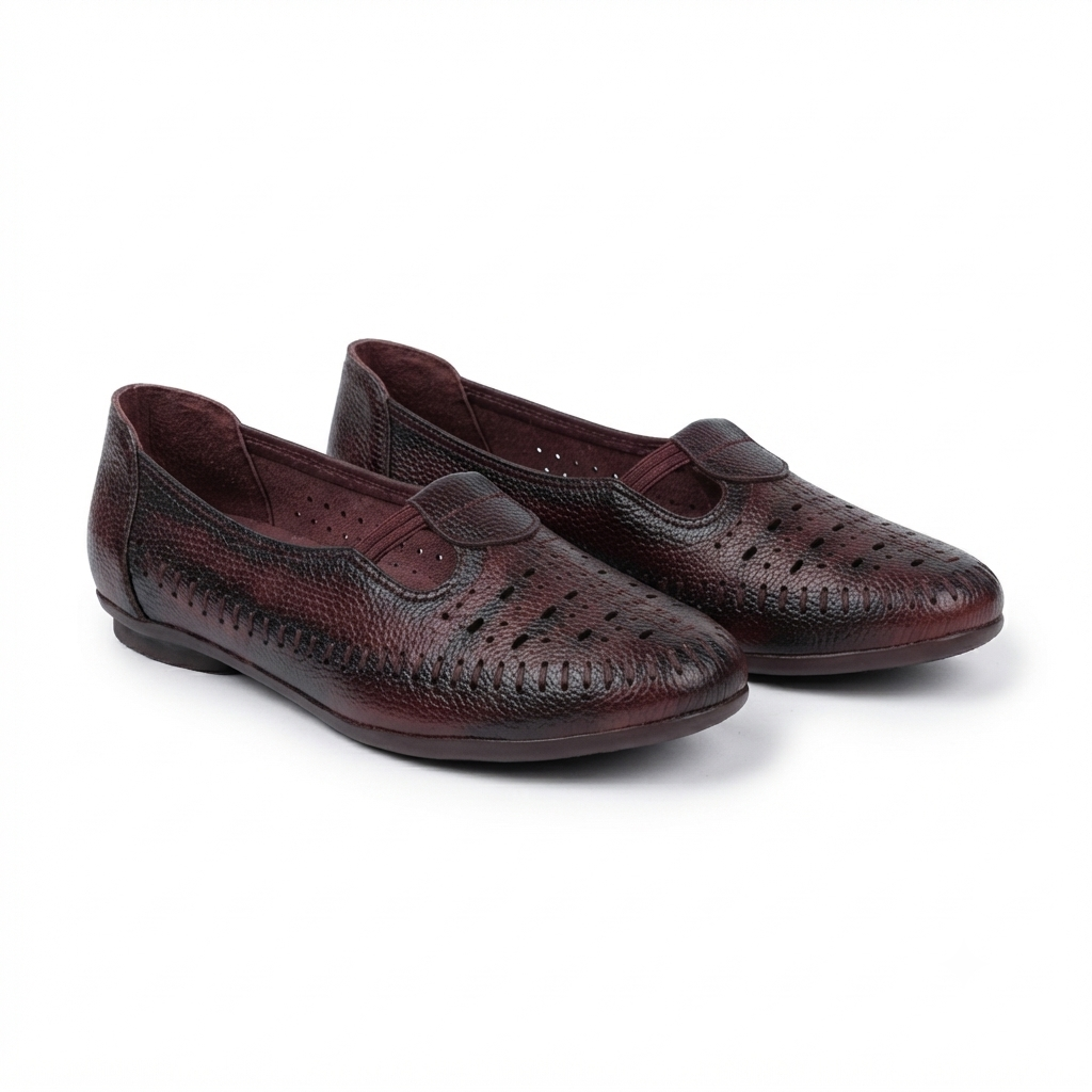 Nida Leather Elastic Perforated Loafers in Maroon - The Heels India