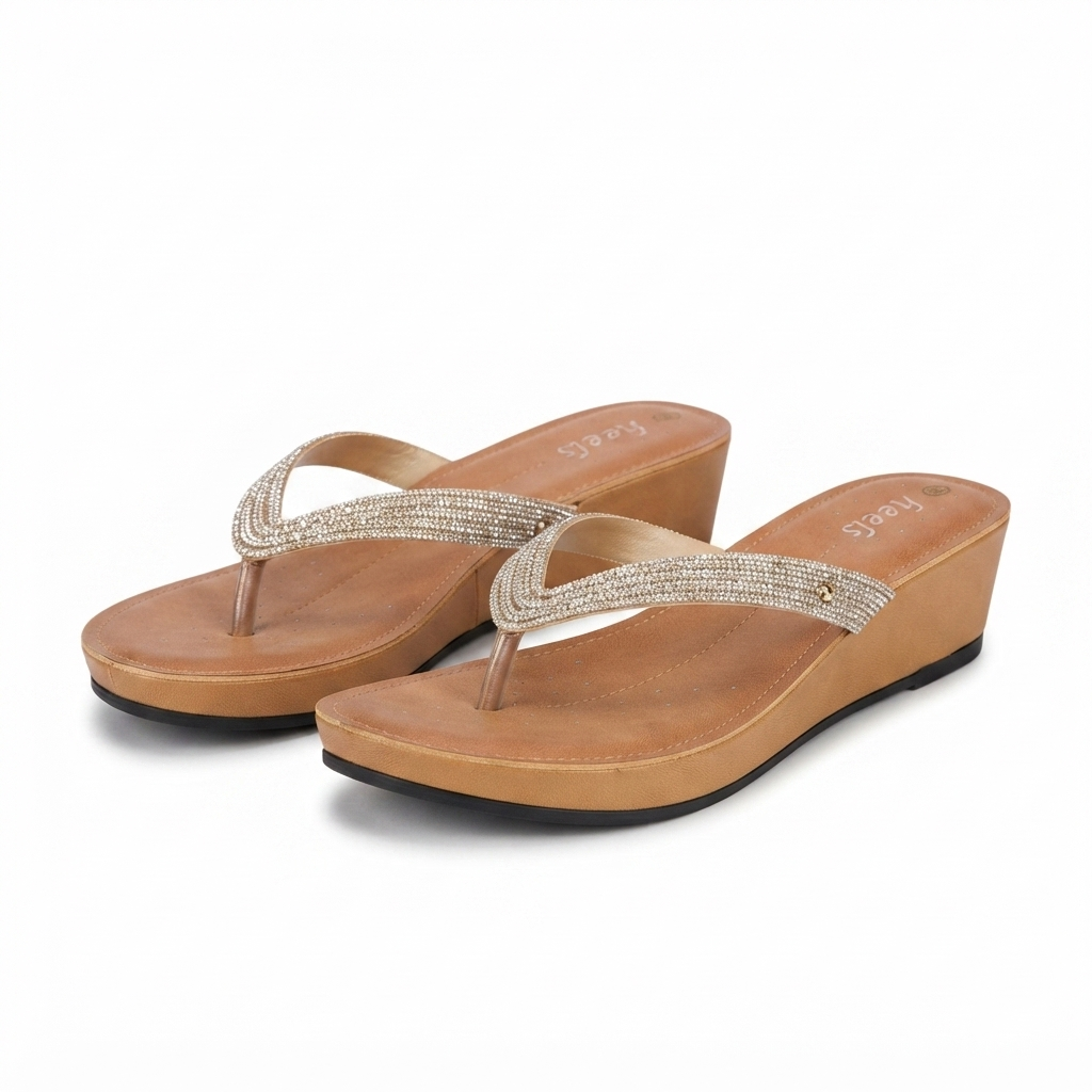 Mila Cushioned Bling V Strap Wedge Slippers
