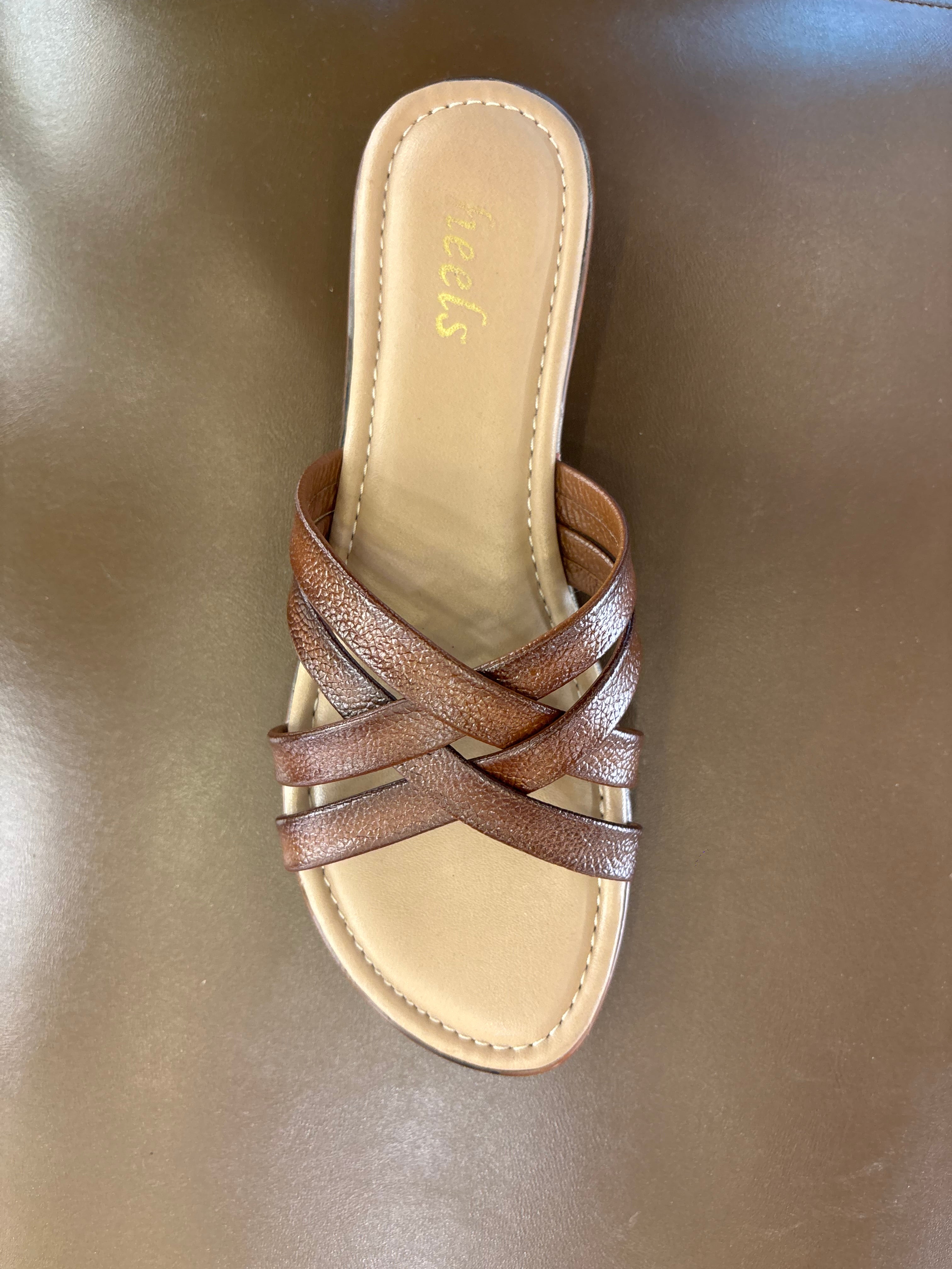 Woven Tan Leather Slides - Sole View