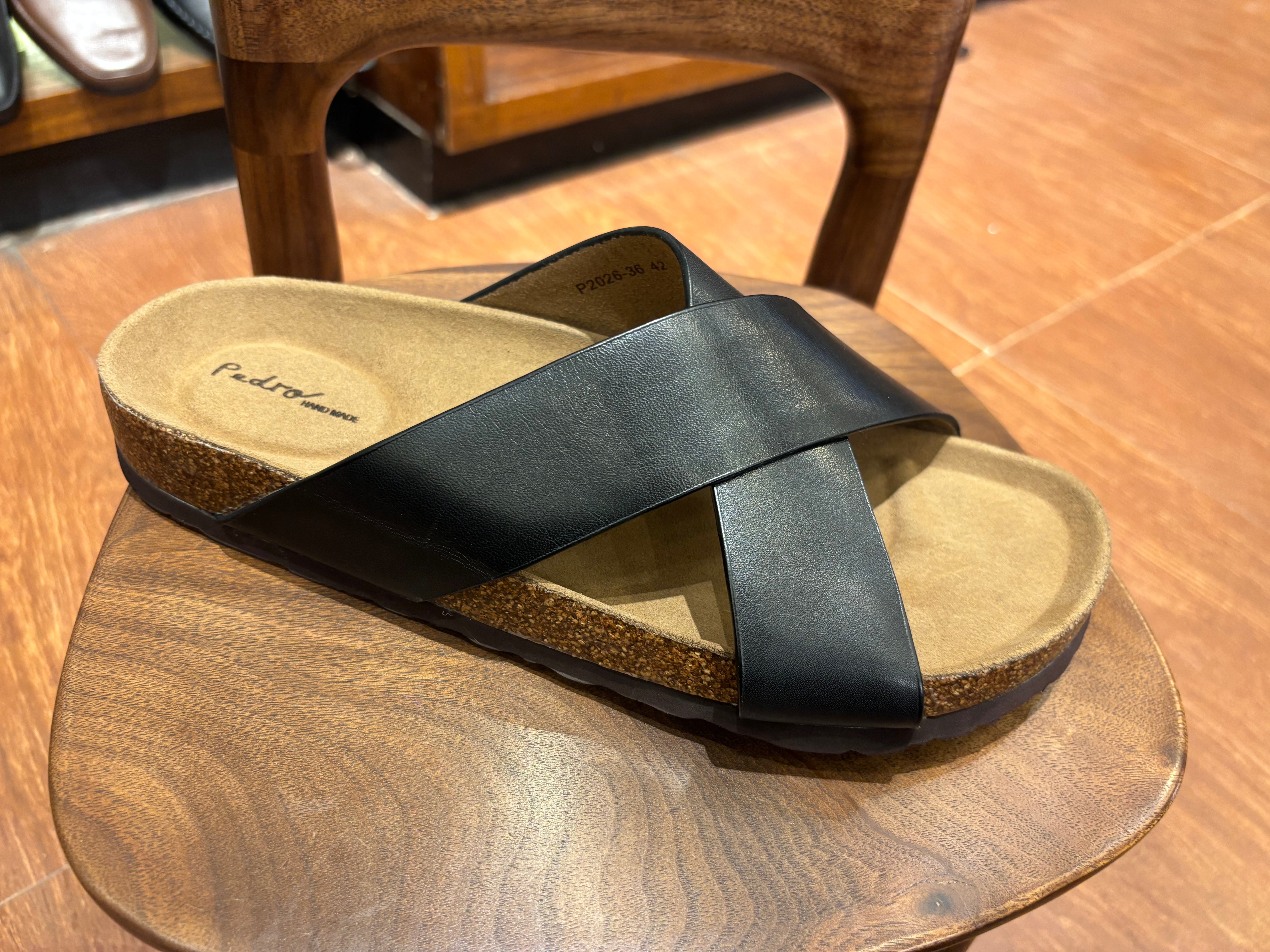 Edward Black Leather Cork Slippers - Pair Shot