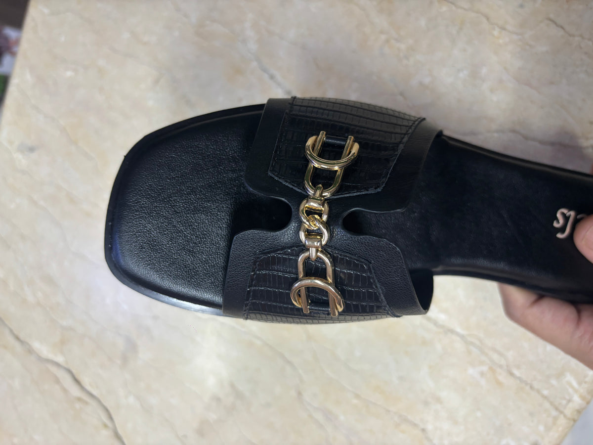 Julia Croco Chain Flat Summer Sliders in Black - The Heels India
