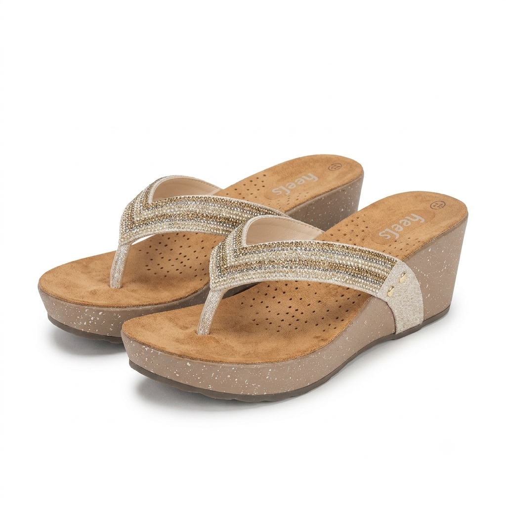 Chloe Bling V Strap Wedge Slippers in Gold - The Heels India
