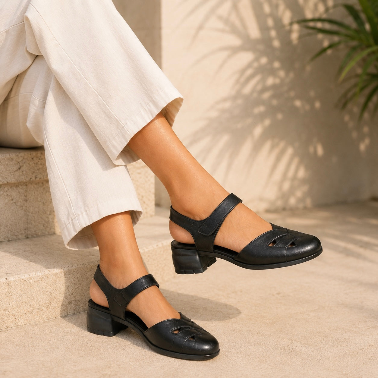 Zoe Leather Velcro Strap Cushioned Block Heel Sandals