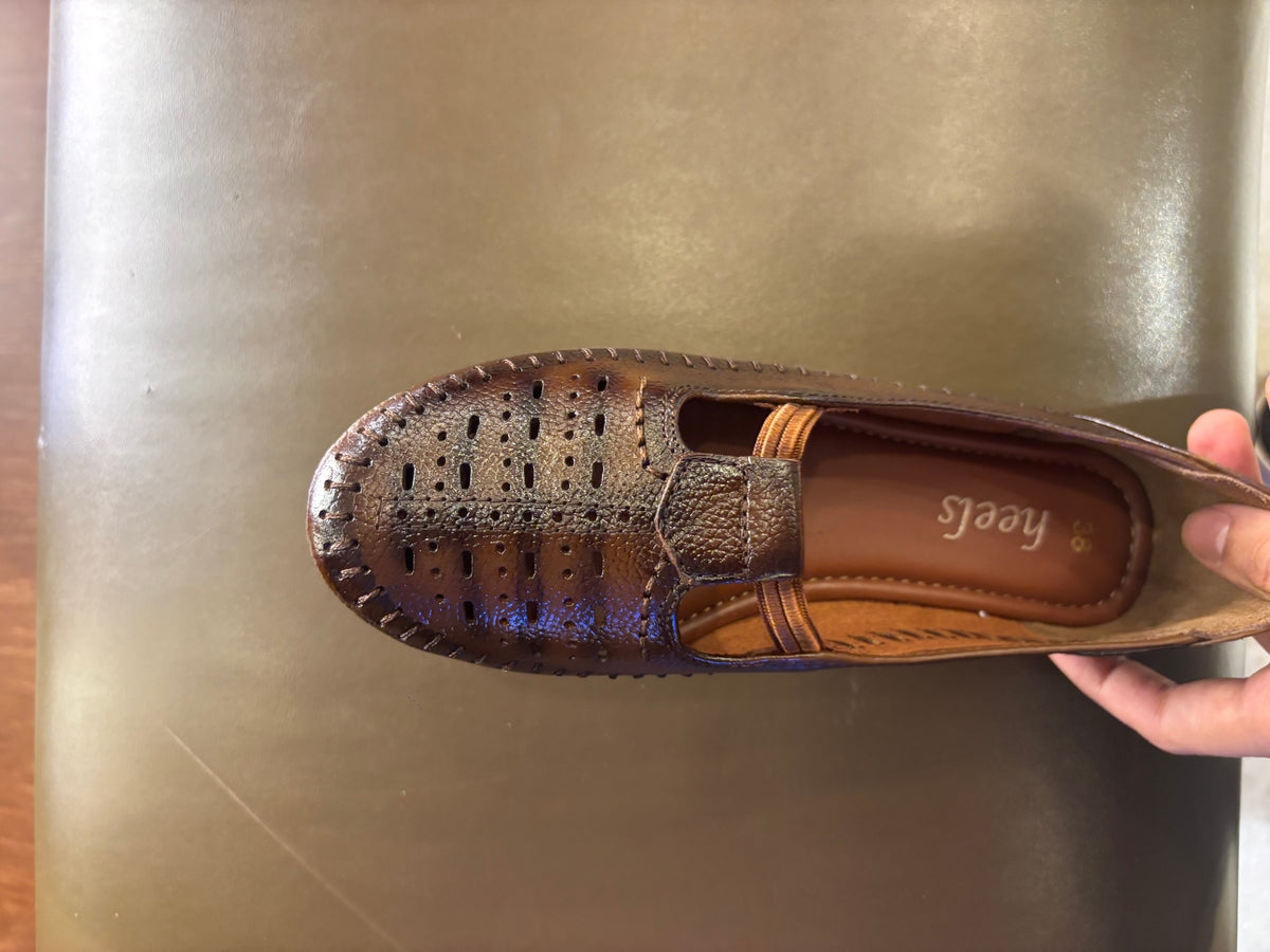 Nida Leather Elastic Perforated Loafers in Rust - The Heels India