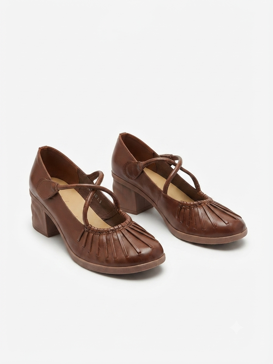 Rihanna Premium Leather Velcro Strap Block Heels