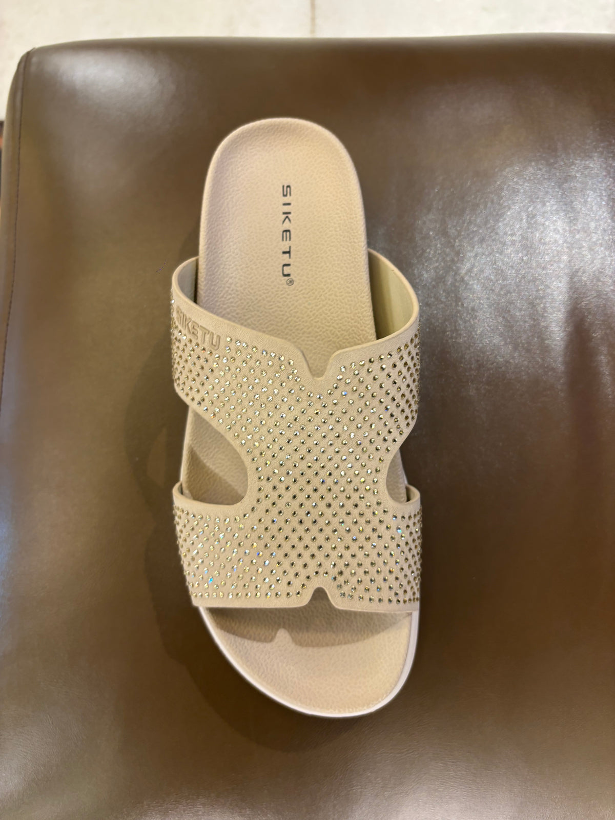Ivoretta Bling Cushioned Chunky Slippers in Beige - The Heels India