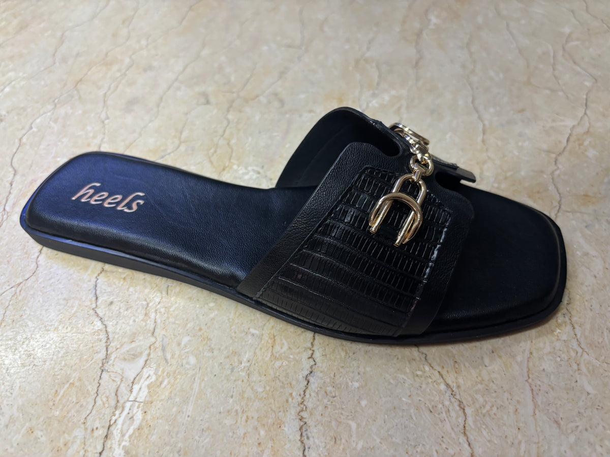 Julia Croco Chain Flat Summer Sliders in Black - The Heels India
