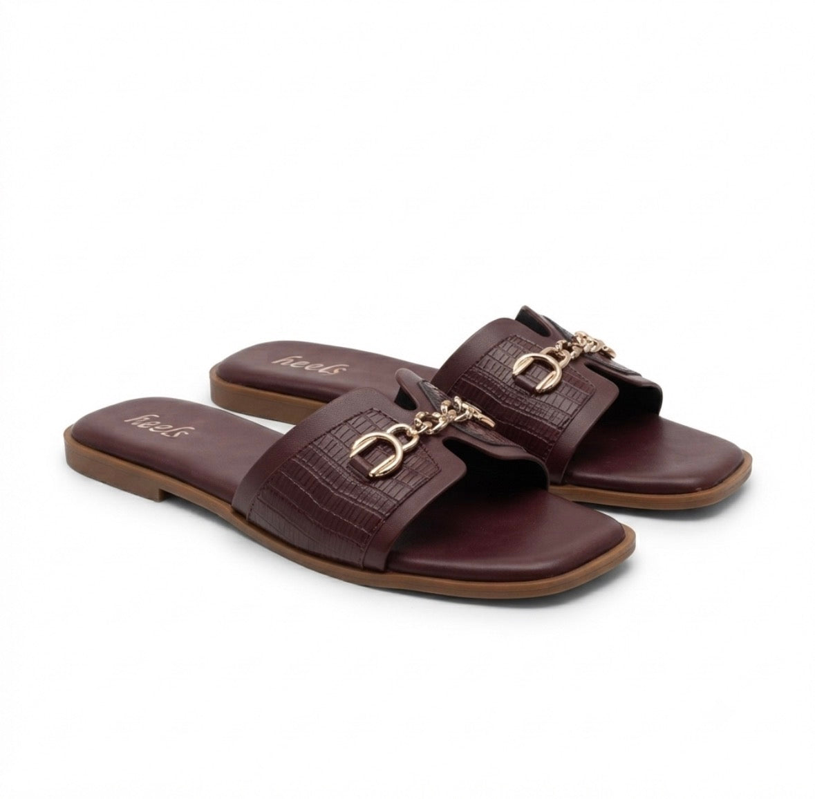 Julia Croco Chain Flat Summer Sliders in Wine - The Heels India