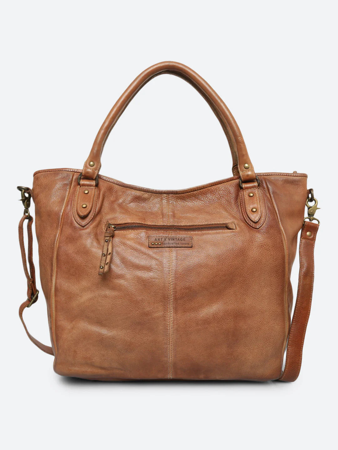 Genuine Cognac Leather Tote Bag with Patch Work