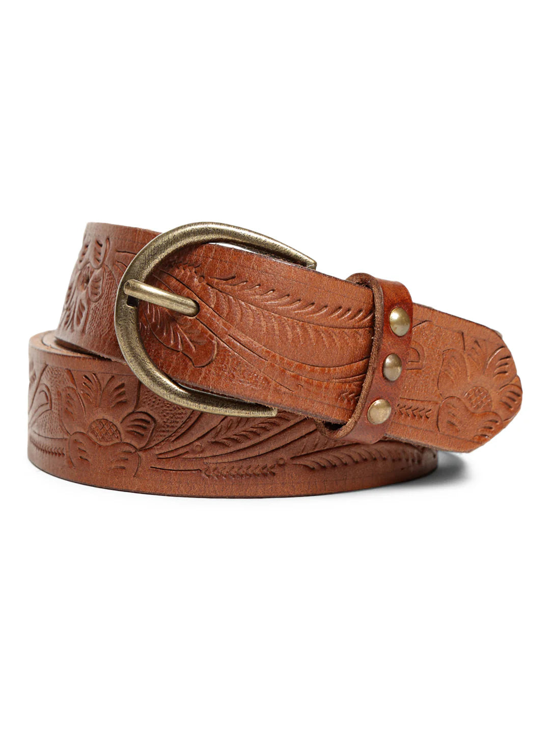 Cognac Hand-tooled Design Leather Belt