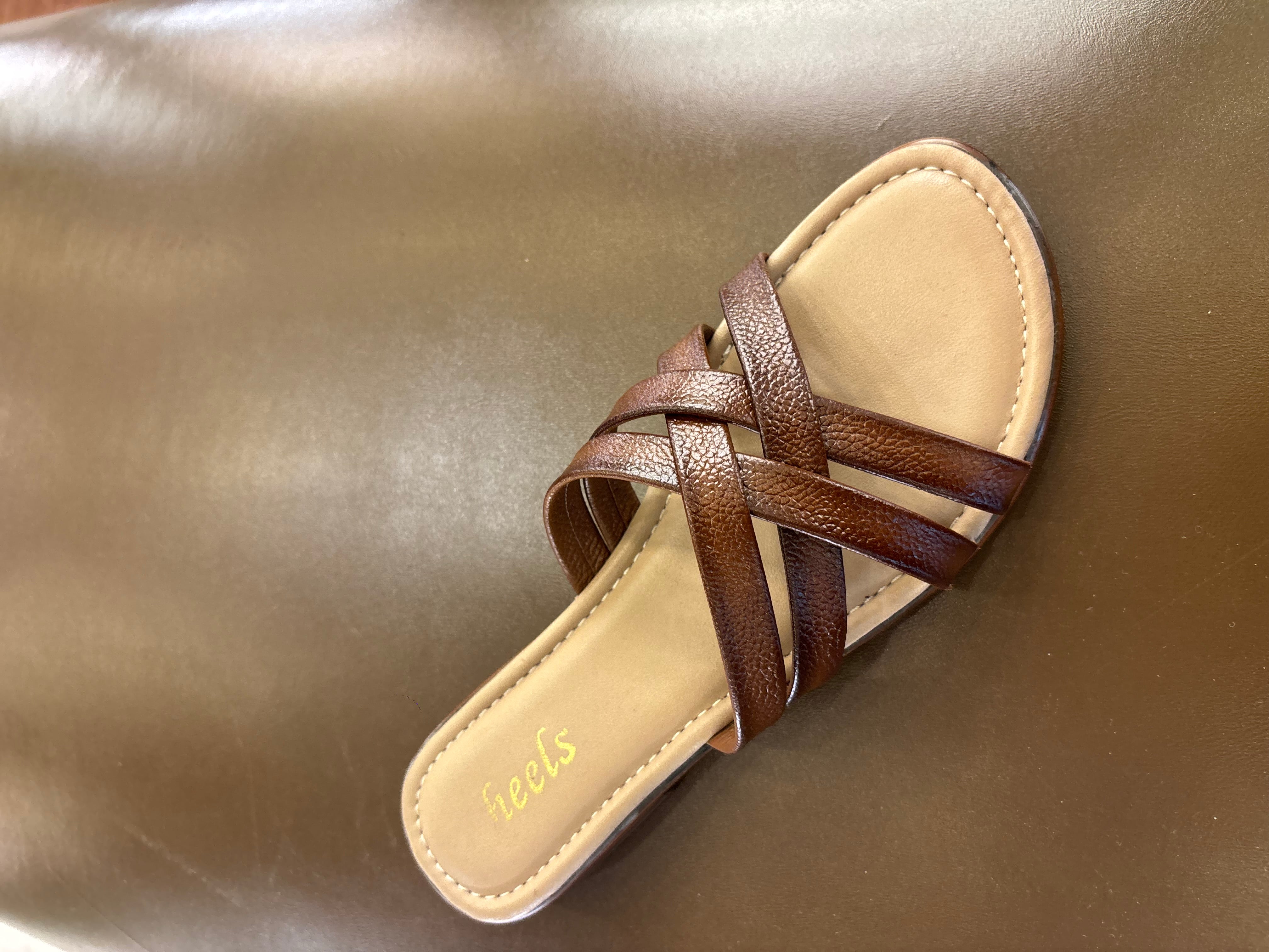 Woven Tan Leather Slides Women - Lifestyle Shot
