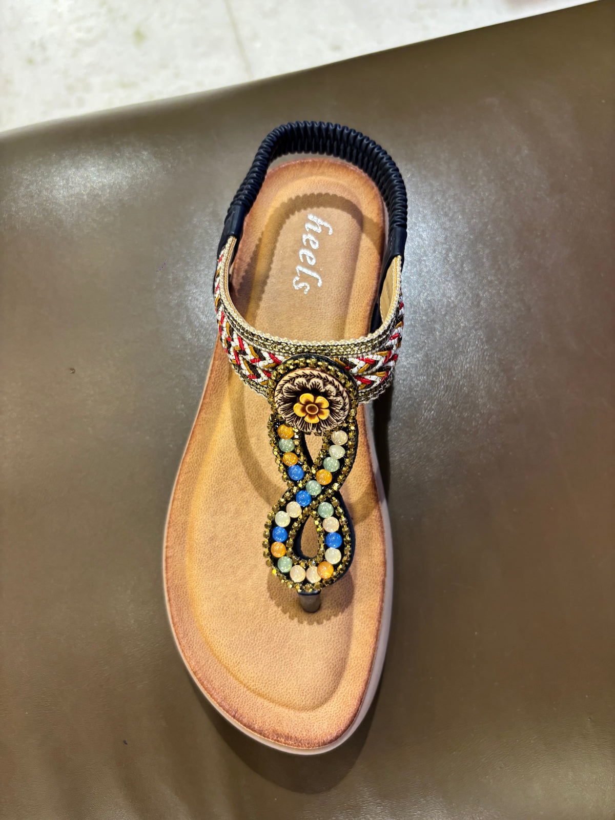 Rosaira Cushioned Embellished Back Elastic Sandals in Navy - The Heels India
