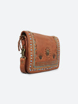 Savio: Leather Embellished Cognac Crossbody Flap Bag