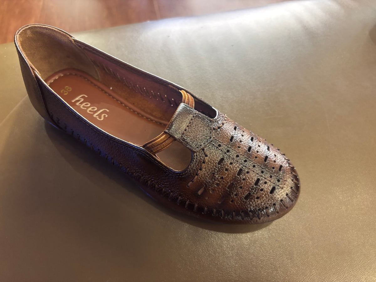 Nida Leather Elastic Perforated Loafers in Rust - The Heels India
