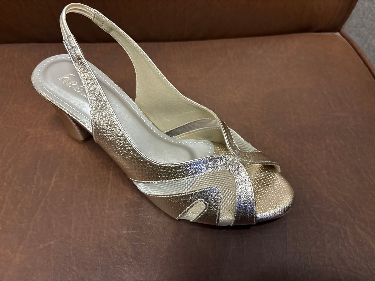 Delma Fancy Mesh Peep Toe Block Heel Sandals in Gold - The Heels India