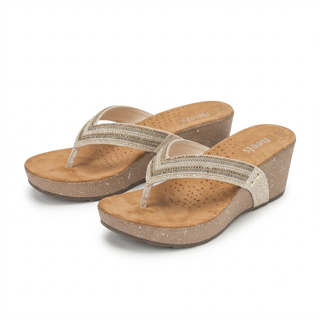 Chloe Bling V Strap Wedge Slippers in Gold - The Heels India