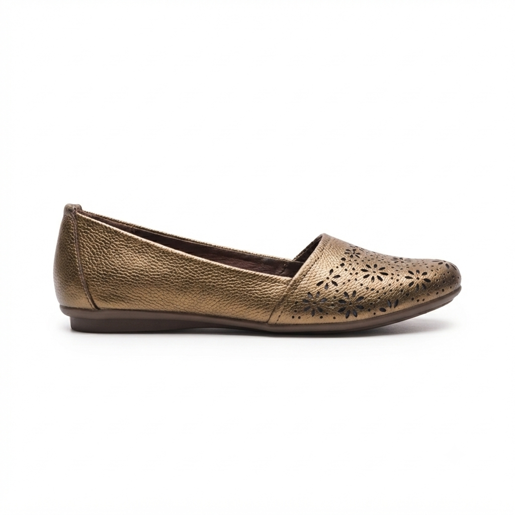 Ellis Leather Perforated Flat Ballerinas in Bronze - The Heels India