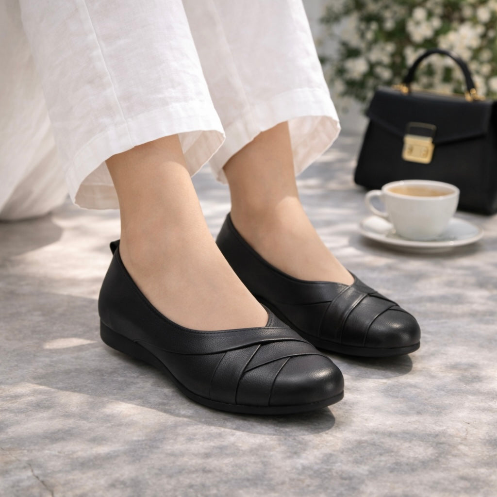 Audrey Premium Leather CrissCross Flat Cushioned Ballerinas