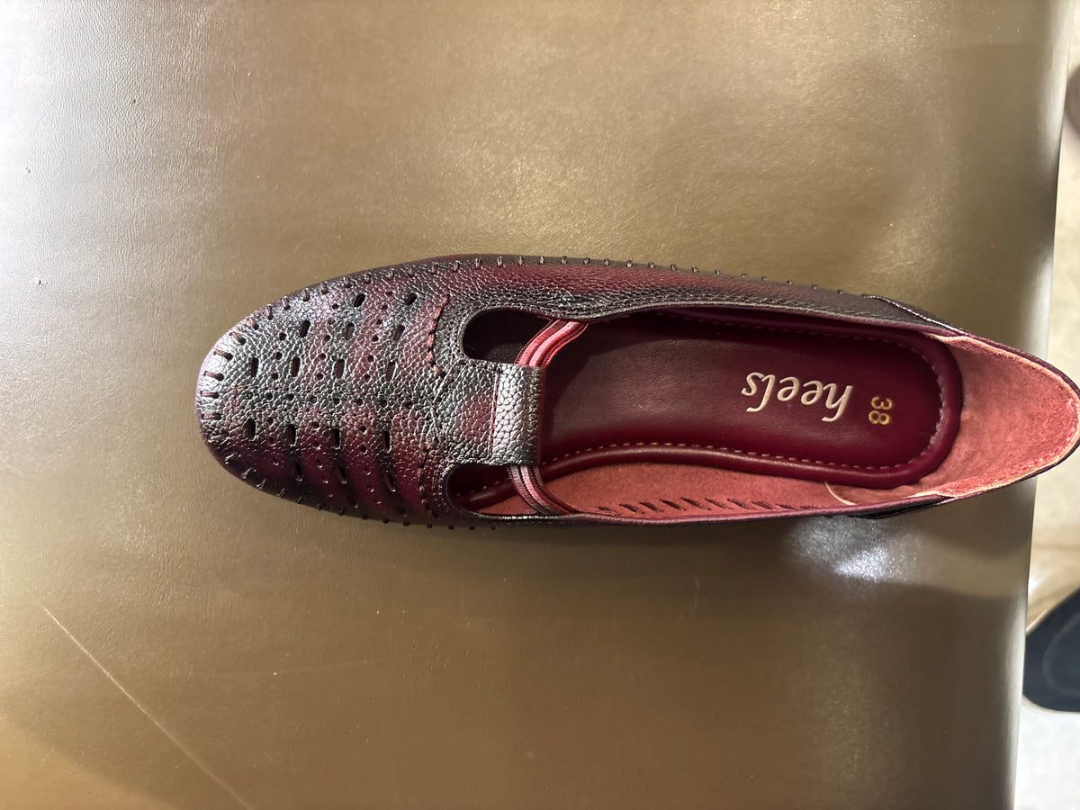 Nida Leather Elastic Perforated Loafers in Maroon - The Heels India