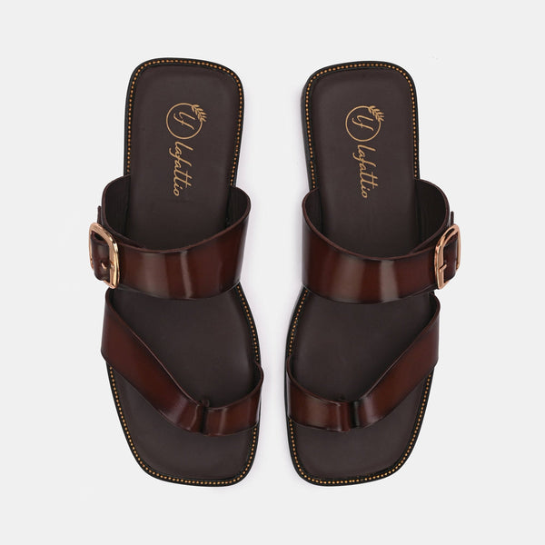 Zorah Brown Buckled Leather Slippers