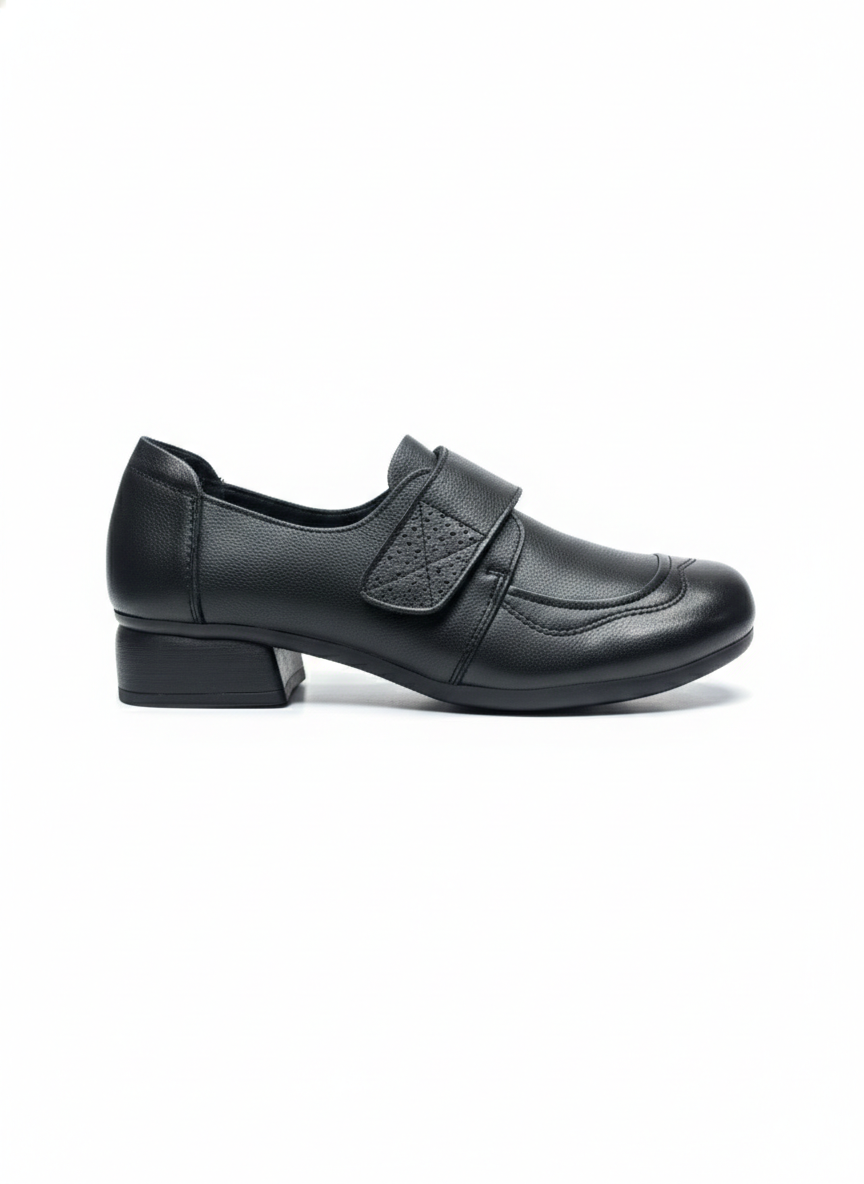 Sasha Premium Leather Velcro Strap Mid Heel Loafers
