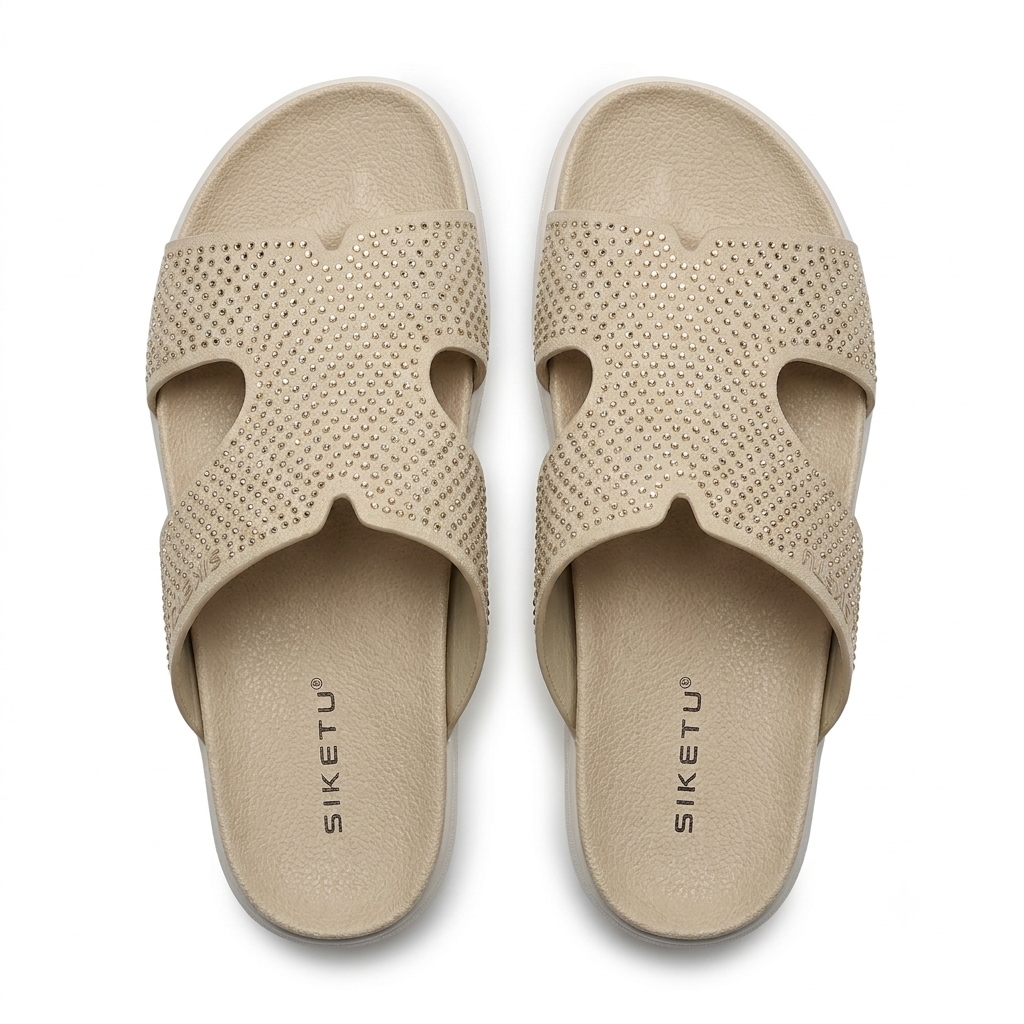 Ivoretta Bling Cushioned Chunky Slippers in Beige - The Heels India