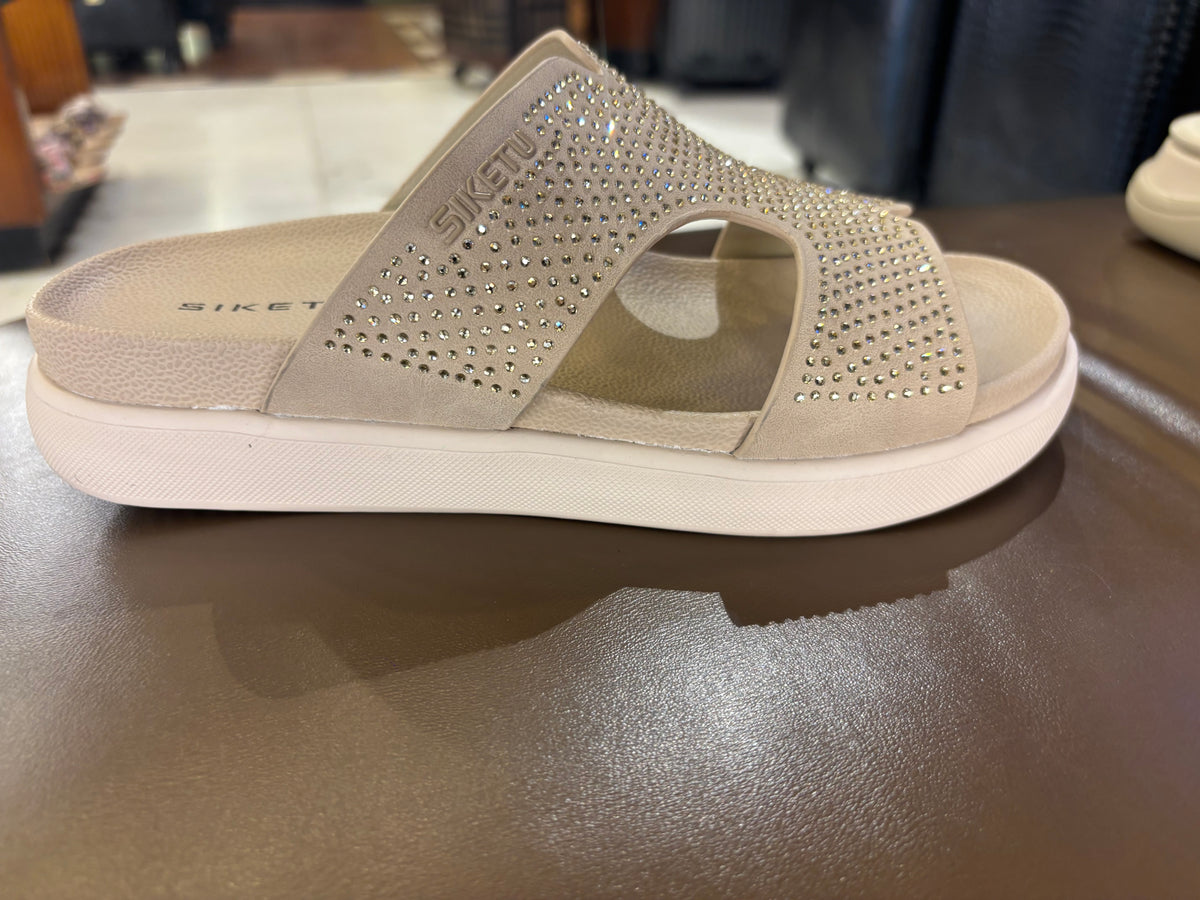 Ivoretta Bling Cushioned Chunky Slippers in Beige - The Heels India