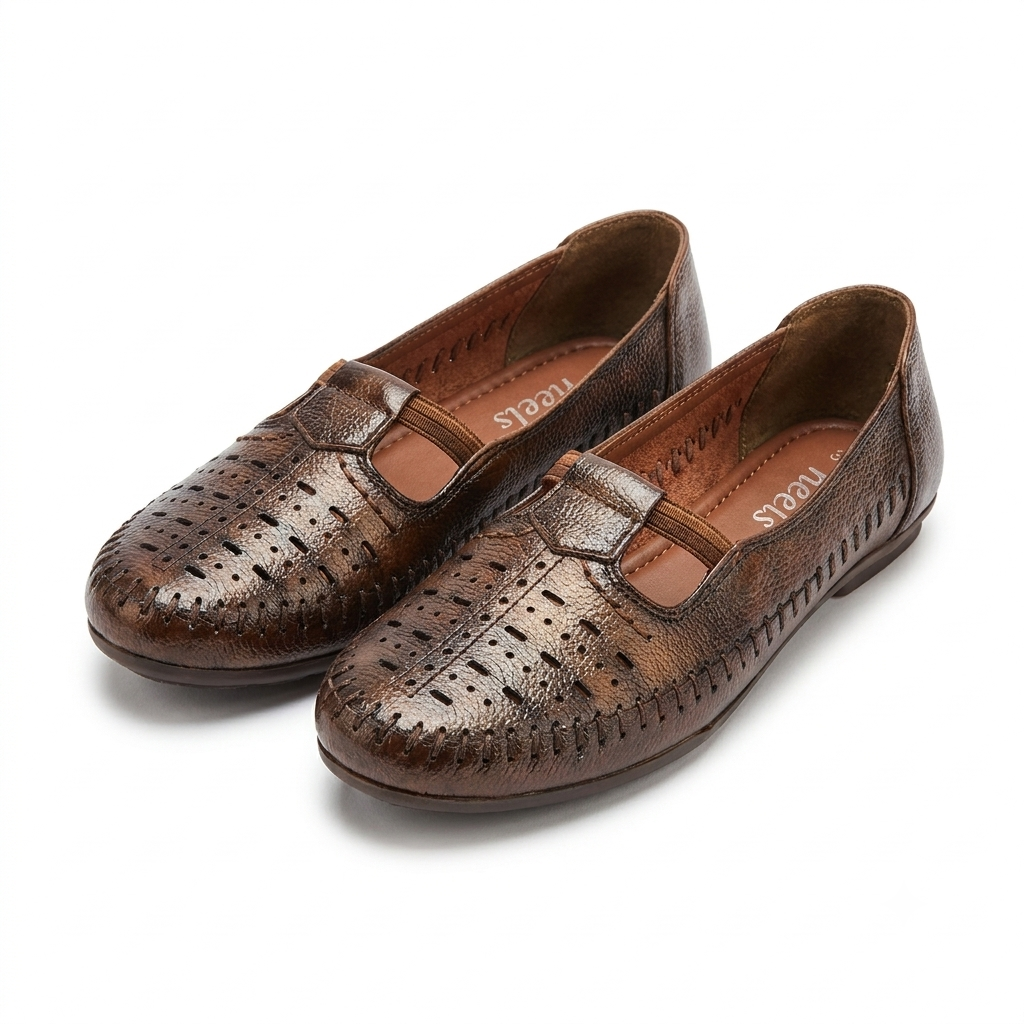 Nida Leather Elastic Perforated Loafers in Rust - The Heels India