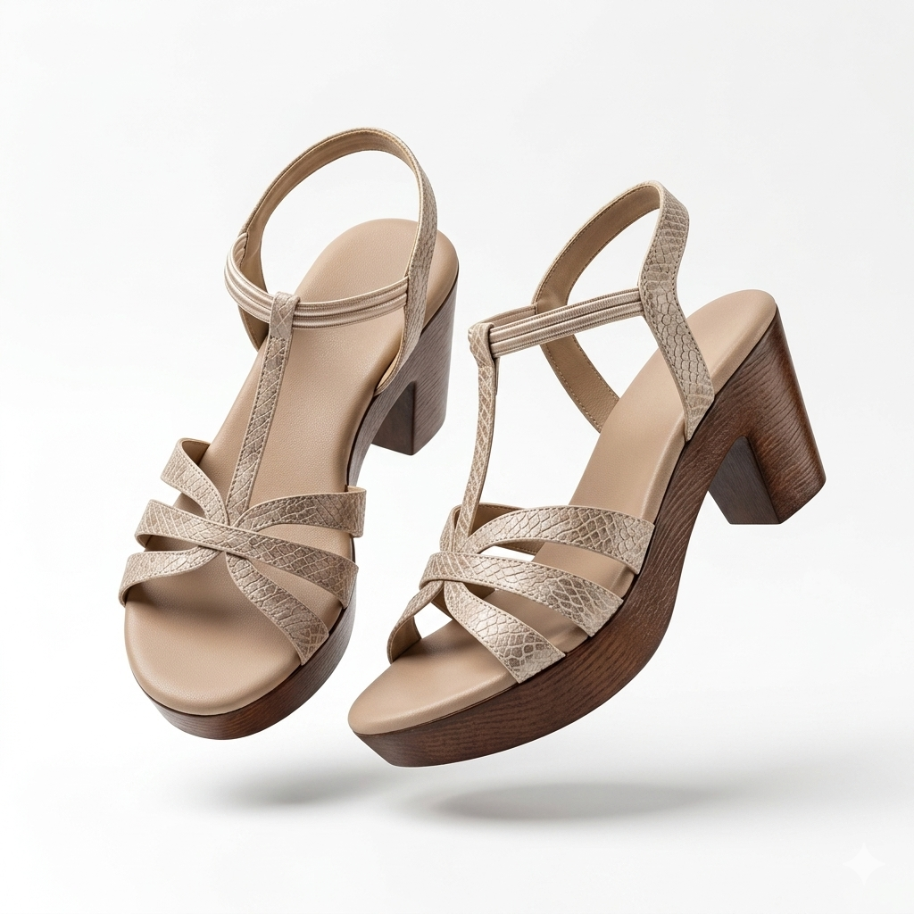 Snake Texture T-Strap Platform Block Heel Sandal – Beige