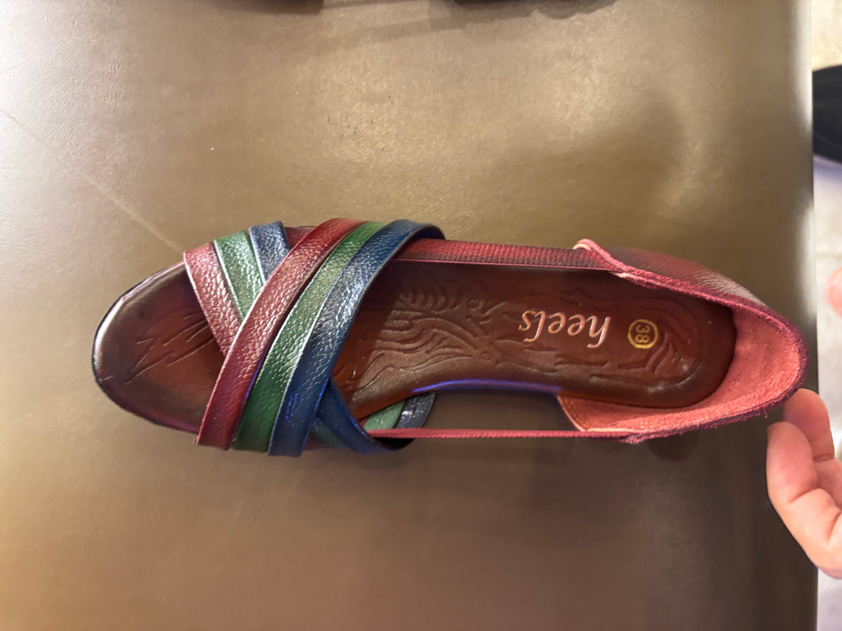 Georgia Rainbow Leather Crisscross Sandals in Maroon - The Heels India