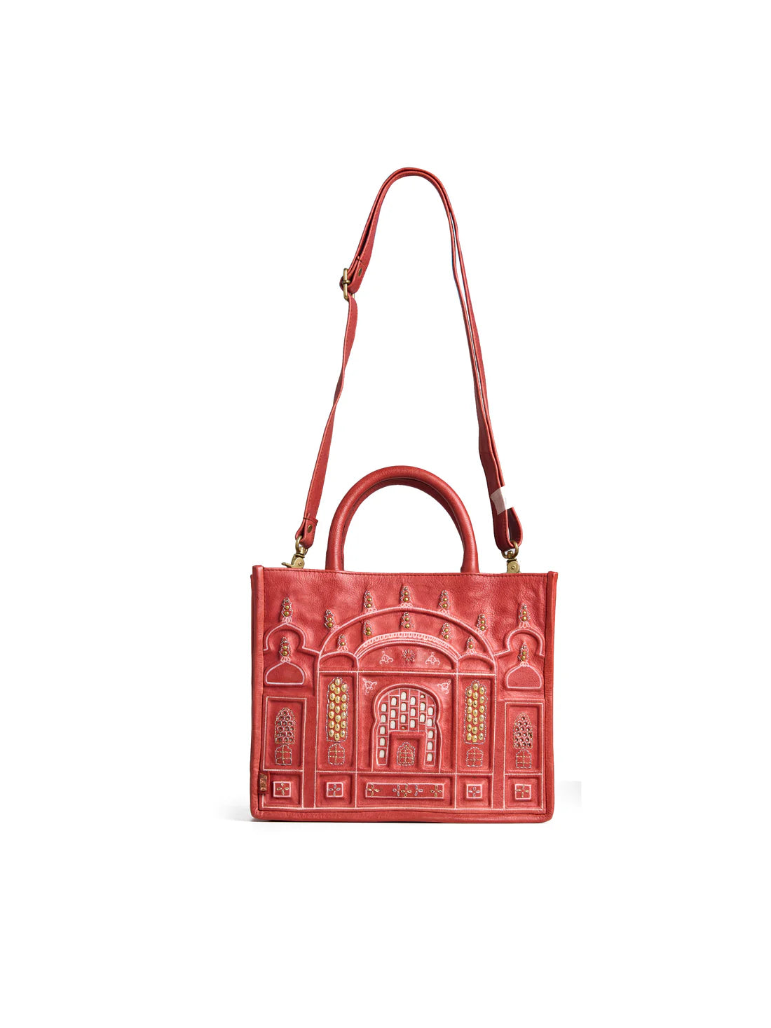 Hawa Mahal Embossed Leather Tote Bag - Vibrant Red