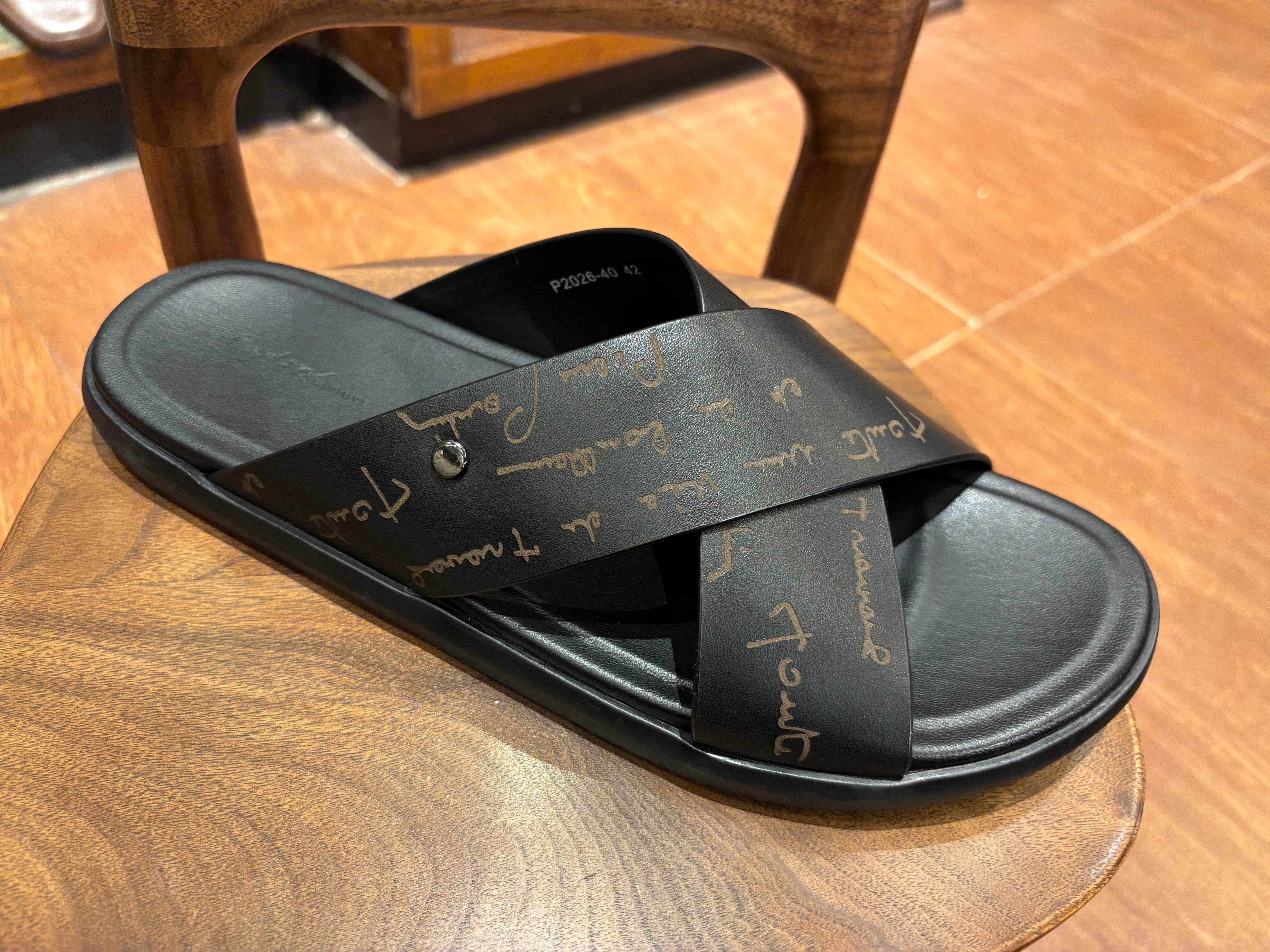 Lucas Premium Engraved Leather Double Strap Cross Slippers