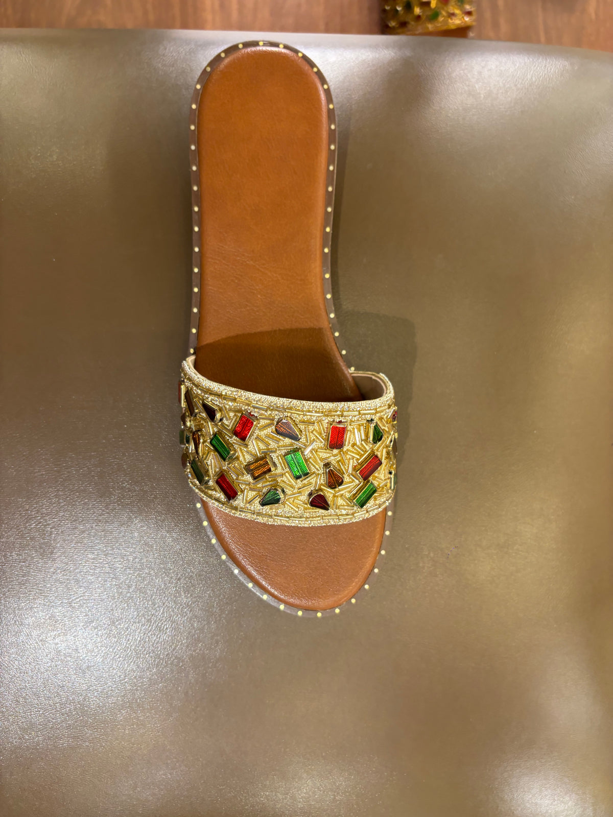 Noori Ethnic Bling Cushioned Slippers in Gold - The Heels India