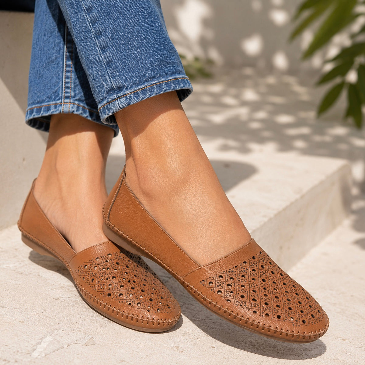 Alvira Perforated Cushioned Leather Ballerinas in Tan - The Heels India