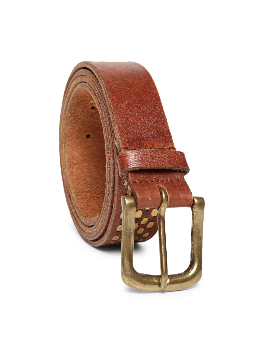 Cognac Genuine Leather Belt With Golden Catcher Rivet Design