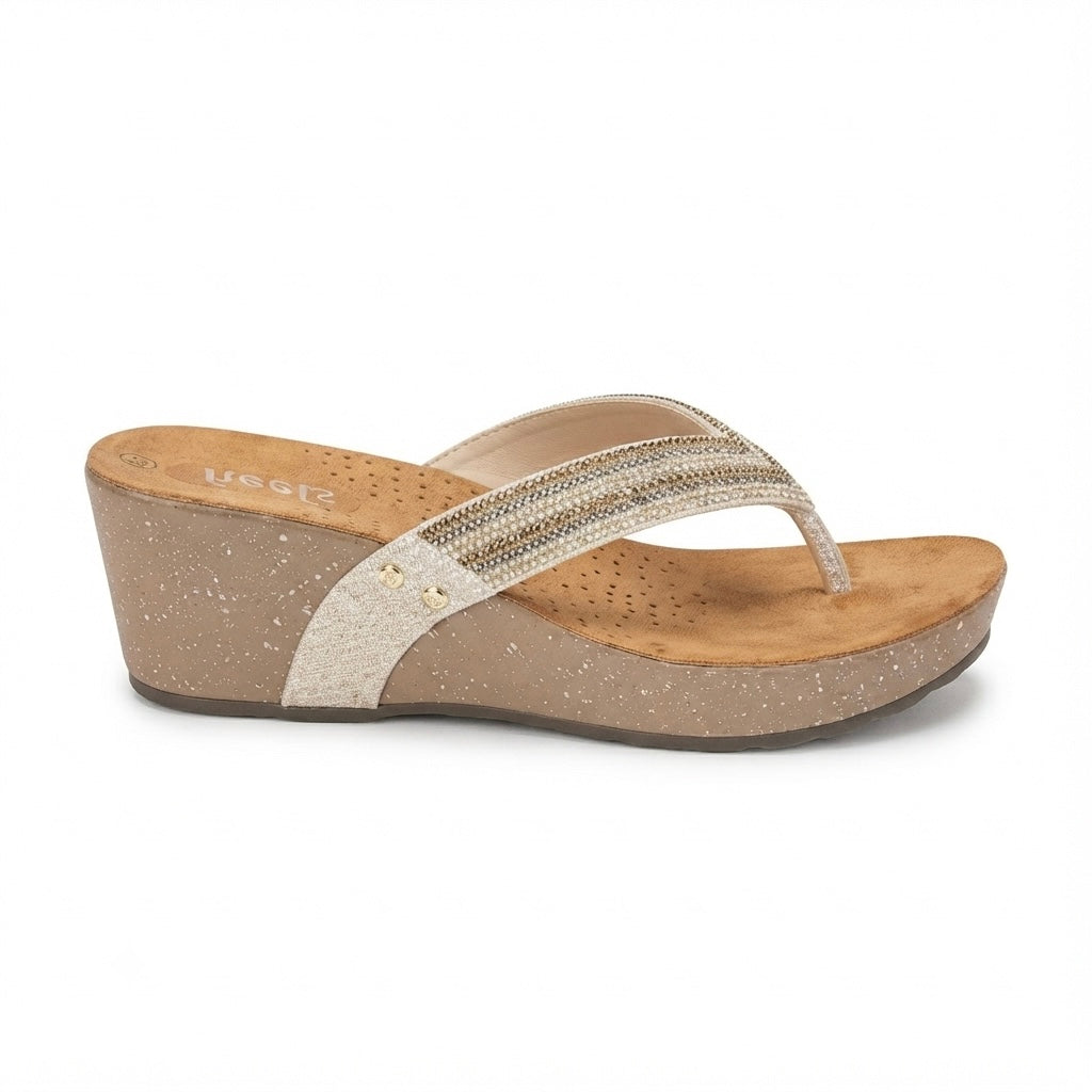 Chloe Bling V Strap Wedge Slippers in Gold - The Heels India