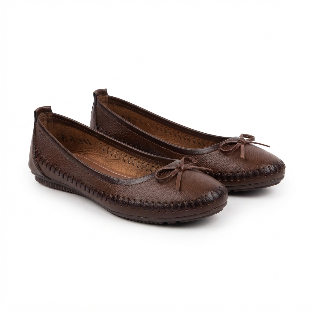Melissa Leather Stitch Bow Flat Ballerinas in Rust - The Heels India
