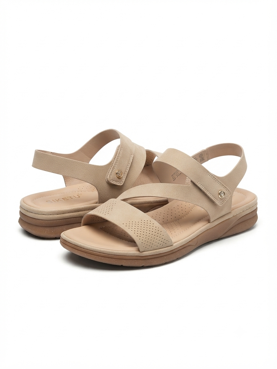 Crimson Comfort Strappy Velcro Sandals in Beige - The Heels India