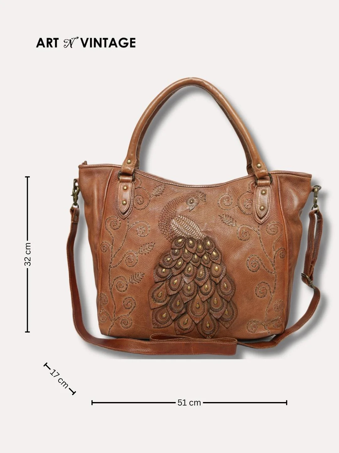 Genuine Cognac Leather Tote Bag with Patch Work