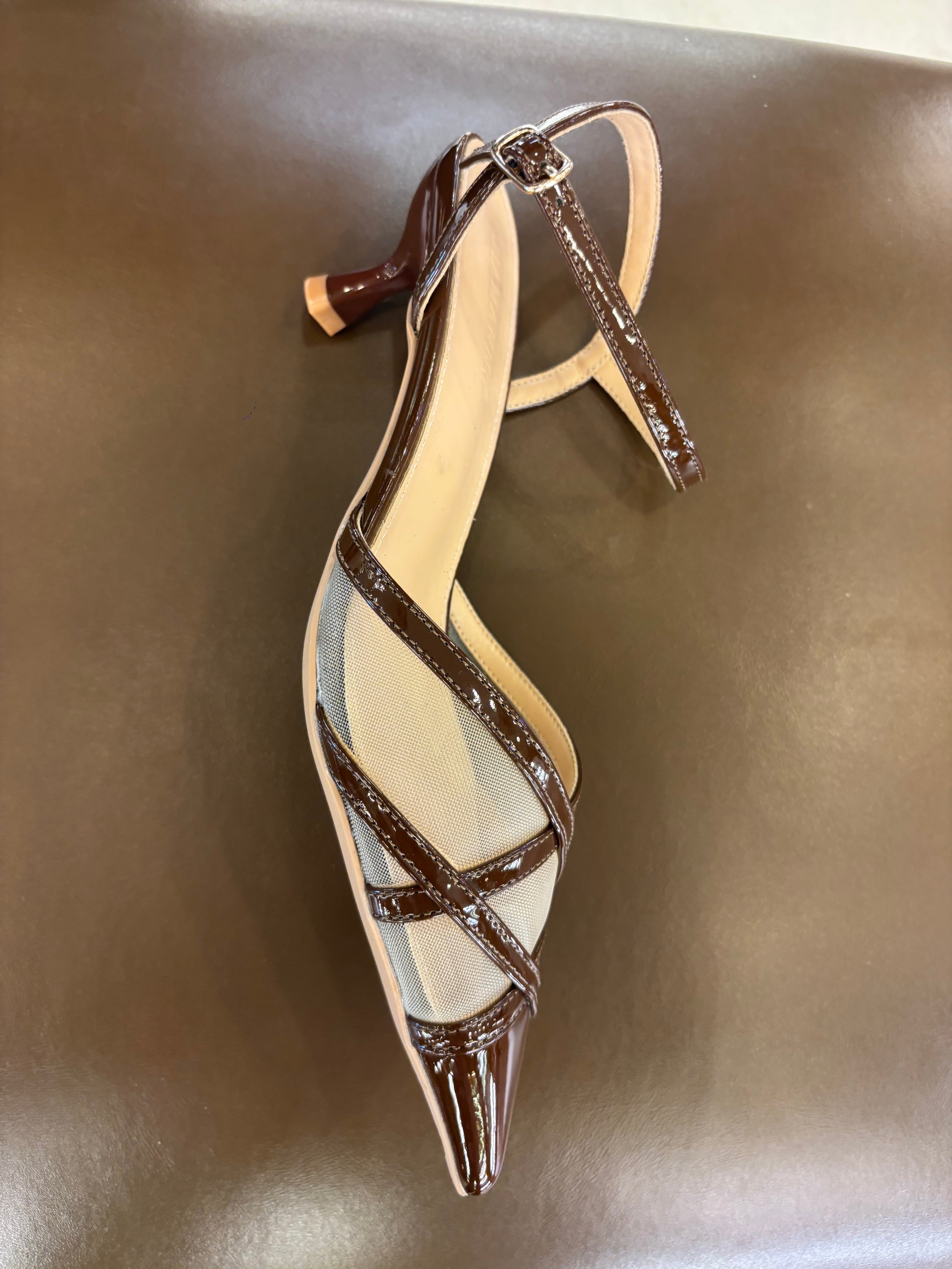 Emrata Criss Cross Mesh Patent Kitten Heels