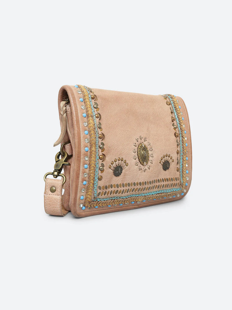 Savio : Embellished Leather Beige Crossbody Flap Bag